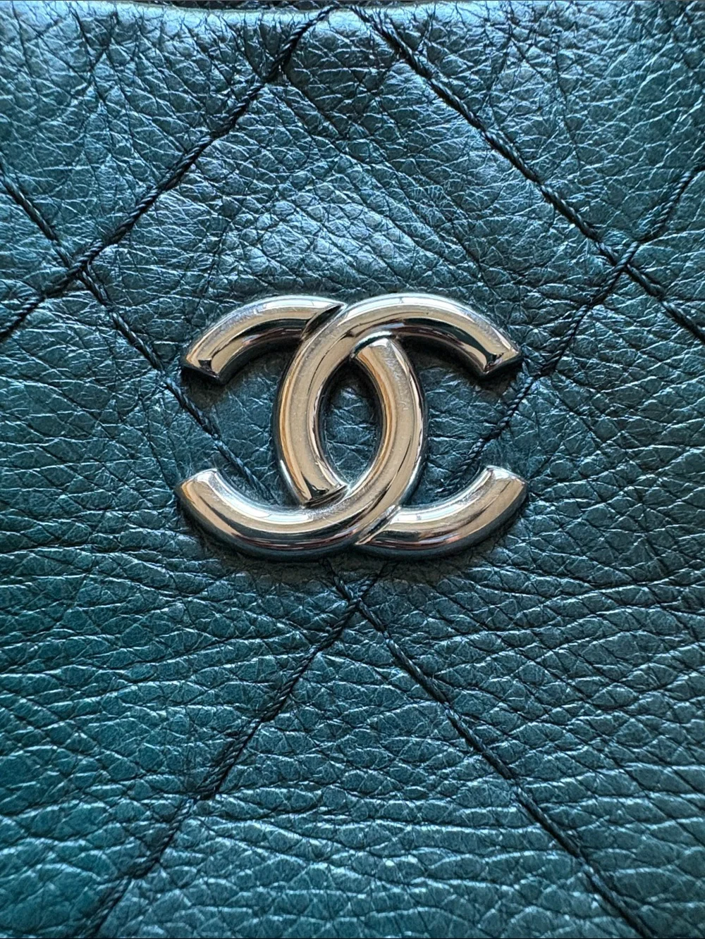 Authentic CHANEL Quilted Leather Tote in Deep Green with Silver Hardware